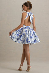 Waverly | Blue Floral Racer-Neck Sleeveless Skater Mini Dress