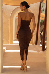 Spontaneity | Brown Bandeau Ruched Midi Dress