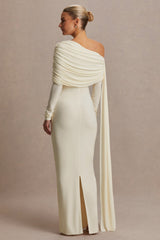 Cyra | Cream Asymmetric-Neck Maternity Maxi Dress With Sash