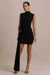 Sorenna | Black High-Neck Mini-Dress With Wrap And Sash Detail
