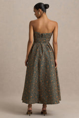 Loretta | Dark Green And Rust Embroidered Bandeau Midi Dress