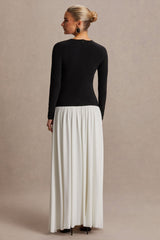 Monroe | Black And White Crew-Neck Maternity Maxi Dress With Drop-Waist
