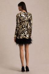 Lara | Black Velvet And Gold Embellished Sequin High-Neck Mini Dress With Feather Trim
