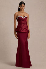 Milia | Burgundy Satin Hand-Embellished Strapless Corset Maxi Dress