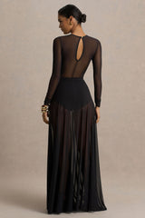 Koami | Black Mesh Long-Sleeve Ruched Maxi Dress With High Split