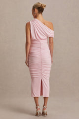 Linnea | Blush Pink Asymmetric-Neck Maternity Midi Dress