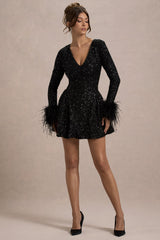 Lopez | Black Sequin Plunge-Neck Feather Trim Mini Dress