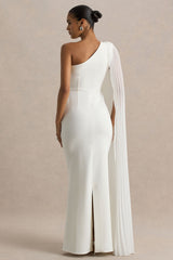 Athens | White Asymmetric-Neck Maxi Dress With Cape Sleeve Detail