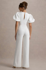 Dillon | White Puff-Sleeve Straight-Leg Jumpsuit