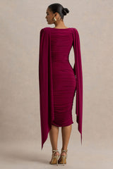 Wanderer | Burgundy Crew-Neck Midi Dress With Draped and Ruched Detailing