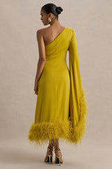 Destiny | Yellow Satin Asymmetric-Neck Midi Dress With Feather Details