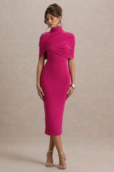 Cecille | Hot Pink Midi Dress With Cape Sleeve Detail