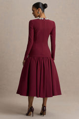 Jovana | Burgundy Hand-Embellished Crew-Neck Midi Dress With Drop Waist