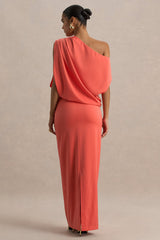 Ronnie | Coral Satin Asymmetric-Neck Maxi Dress With Draping Detail