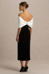 Twilight | Black And White Velvet Bardot-Neck Midi Dress With Oversized Satin Bow