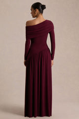 Farah | Burgundy Asymmetric-Neck Maxi Dress With Drop Waist And Ruched Detailing