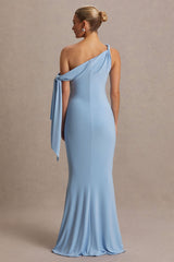Orielle | Powder Blue Asymmetric-Neck Maternity Maxi Dress With Knot-Sleeve And Sash