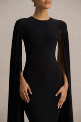 Briony | Black Crew-Neck Maxi Dress With Cape Sleeves