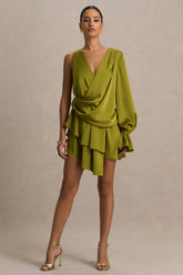 Cara | Olive Satin Plunge-Neck Micro-Mini Dress With Long Sleeve
