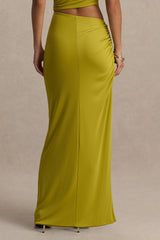 Margie | Green Maxi Skirt With Ruched Detail And Front High Split