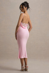 Addison | Pink Cowl-Neck Open-Back Midi Dress With Lace