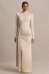 Romi | Champagne High-Neck Maxi Dress With Ruched Detailing