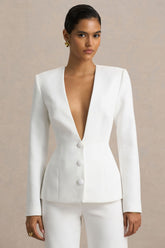 Rosalina | White Extreme-Plunge Neck Tailored Blazer
