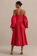 Macie | Red Sweetheart Midi Dress With Balloon Sleeves