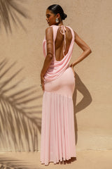 Meggie | Pink Plunge-Neck Twisted Maxi Dress With Chiffon Skirt