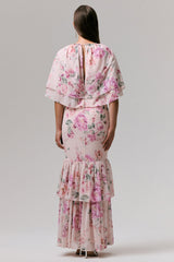 Never Let Go | Pink Floral Print Chiffon Maxi Dress With Tiered Hem