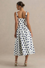 Berta | White And Navy Polka-Dot Square-Neck Midi Dress