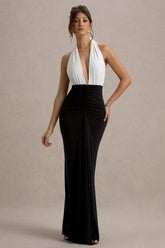 Payton | Black & White Ruched Halter-Neck Maxi Dress