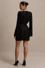 Vicenta | Black Velvet Devore Plunge-Neck Wrap Mini Dress