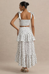 Emry | White Polka Dot High-Waist Maxi Skirt With Ruffle Detail