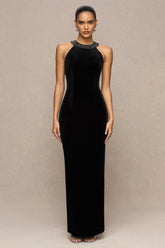 Darya | Black Velvet Embellished High-Neck Maxi Dress