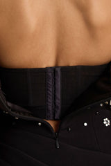 Sylvia | Black Hand-Embellished Bardot-Neck Midi Dress With Draped Satin-Wrap Skirt