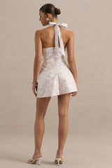 Sharie | Cream Floral Print Jacquard Halter-Neck Playsuit With Cut-Out Detail