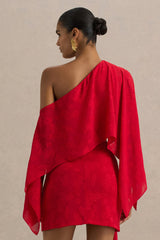 Aruba | Red Satin Devore Asymmetric Long-Sleeve Crop Top