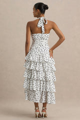 Violet | White Polka Dot Midi Dress With Halter-Neck and Ruffled Skirt