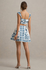 Modella | Blue Porcelain Print Skater Mini Skirt