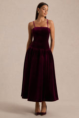 Violetta | Burgundy Velvet Bandeau Midi Dress With Drop-Waist And Gathered Skirt