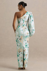 Kellis | Green Floral Print Asymmetric Maxi Dress With Balloon Sleeve