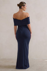 Eva | Navy Bardot Bow Detail Maxi Dress With Thigh Split