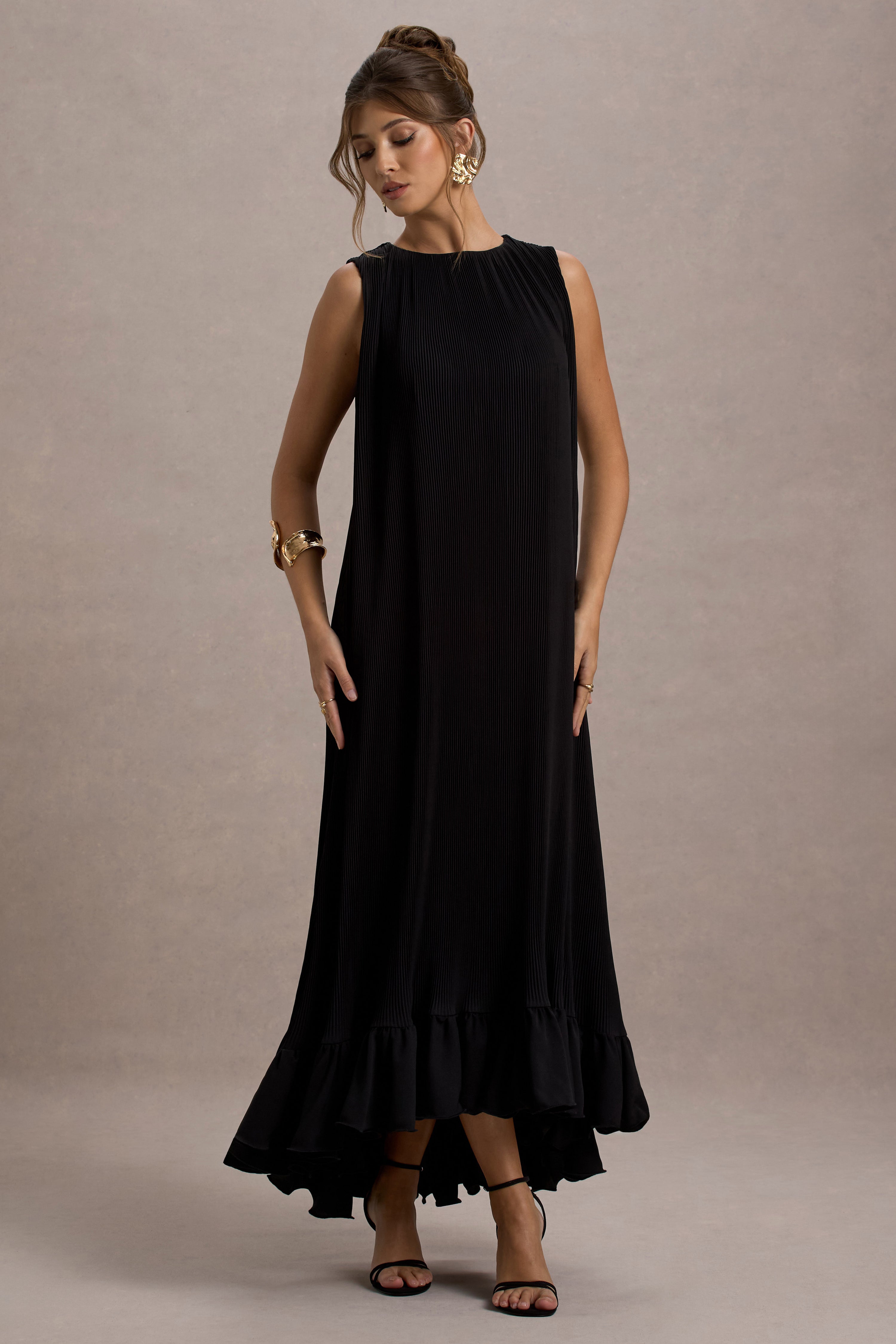 Hazelle | Black Chiffon A-Line Ruffled Maxi Dress