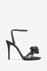 Sweet Step | Black Satin Strappy Heeled Sandals With Flowers