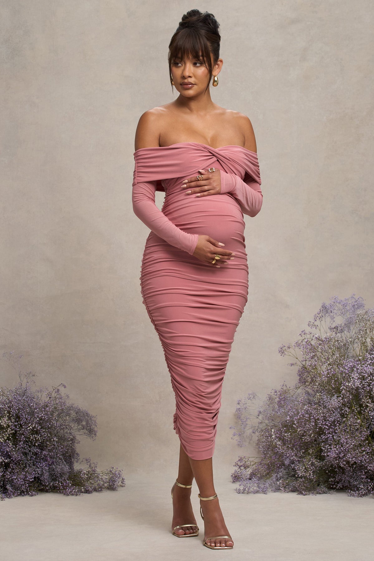 Neva | Blush Bardot Twist Maternity Midi Dress
