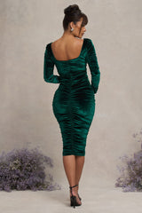 New Life | Bottle Green Velvet Maternity Square Neck Ruched Midi Dress