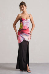 Kali | Black Floral Print Cowl-Neck Open-Back Split Maxi Dress