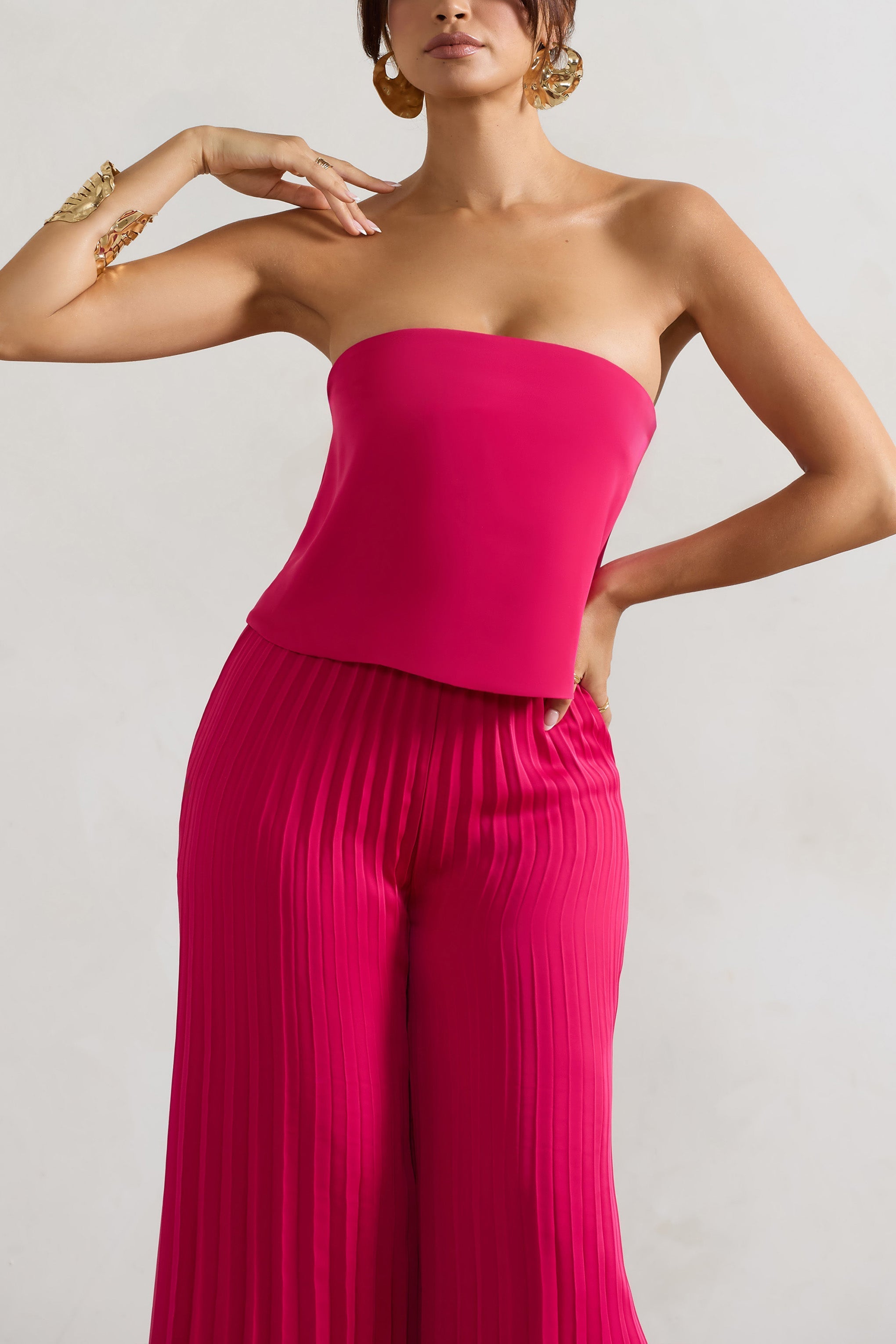 Tammi | Dark Pink Satin Strapless Plisse Wide-Leg Jumpsuit