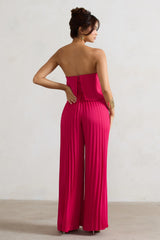 Tammi | Dark Pink Satin Strapless Plisse Wide-Leg Jumpsuit